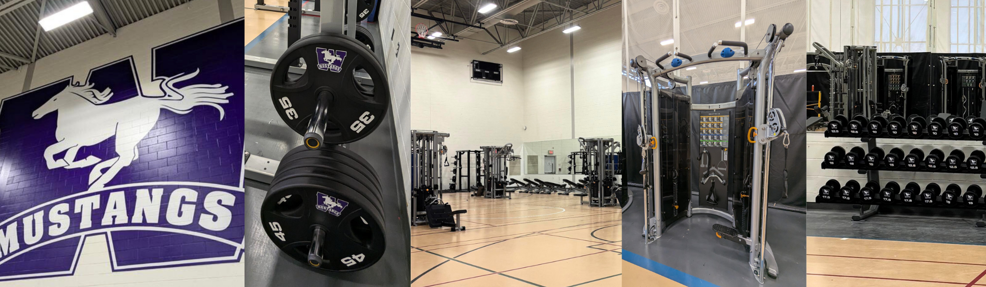 Photos of equipment set up and mustangs logo in new fitness centre space